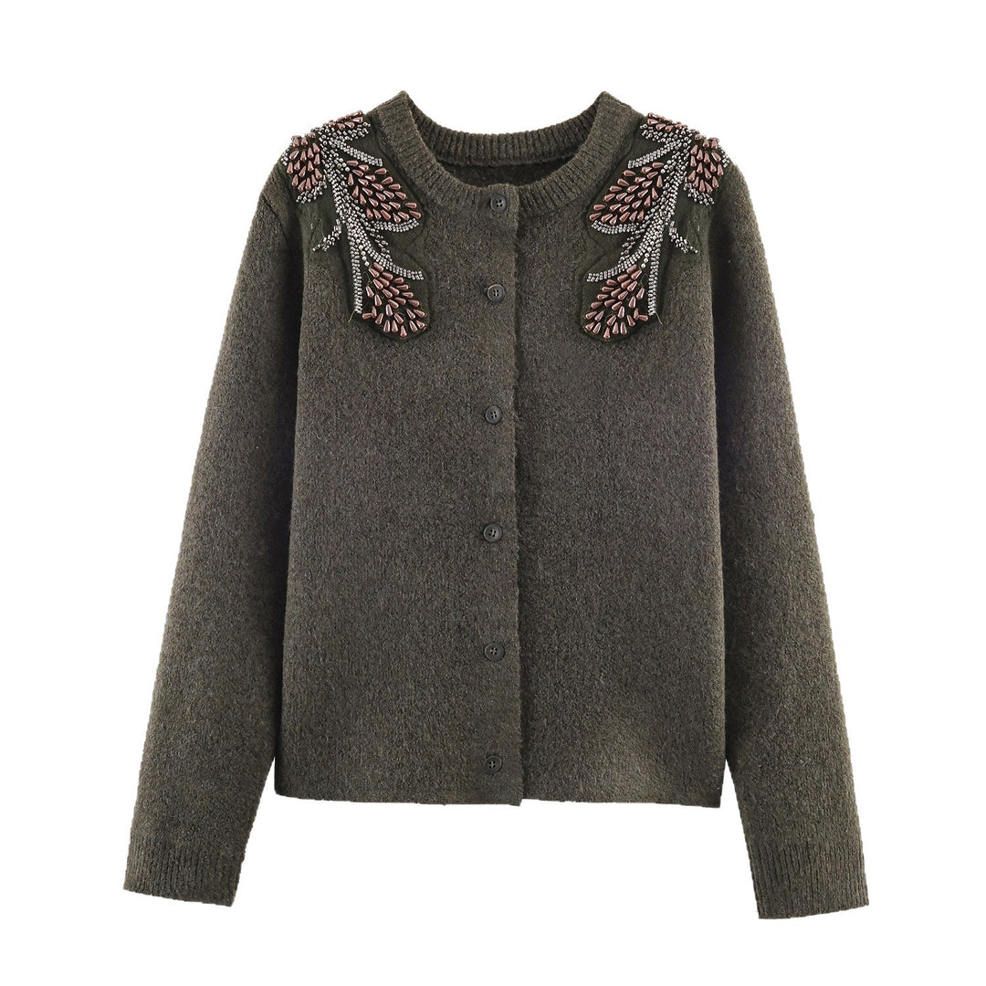Damen Kurze Bouclé-Strickjacke mit Perlen- und Perlenapplikation an den Schultern Echoarchiv