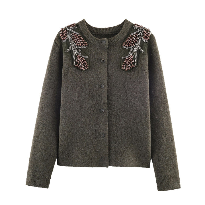 Damen Kurze Bouclé-Strickjacke mit Perlen- und Perlenapplikation an den Schultern Echoarchiv