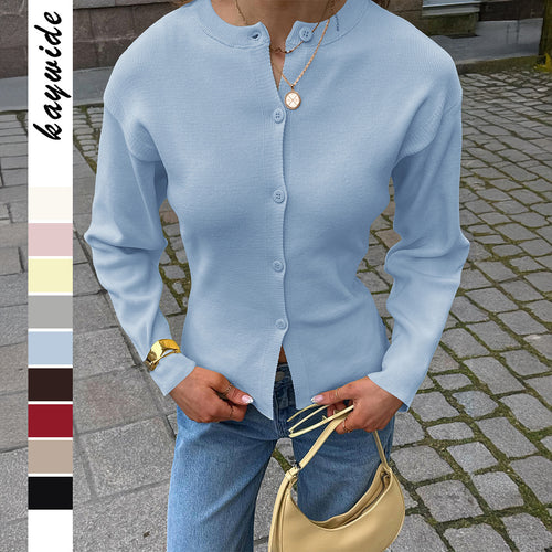 Damen taillierte Strickjacke mit asymmetrischer Knopfleiste und Rundhalsausschnitt – Veloura