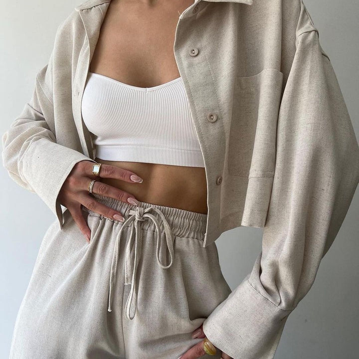 Damen Leinenoptik-Loungewear-Set mit Cropped-Overshirt und High-Waist-Tunnelzughose Echoarchiv