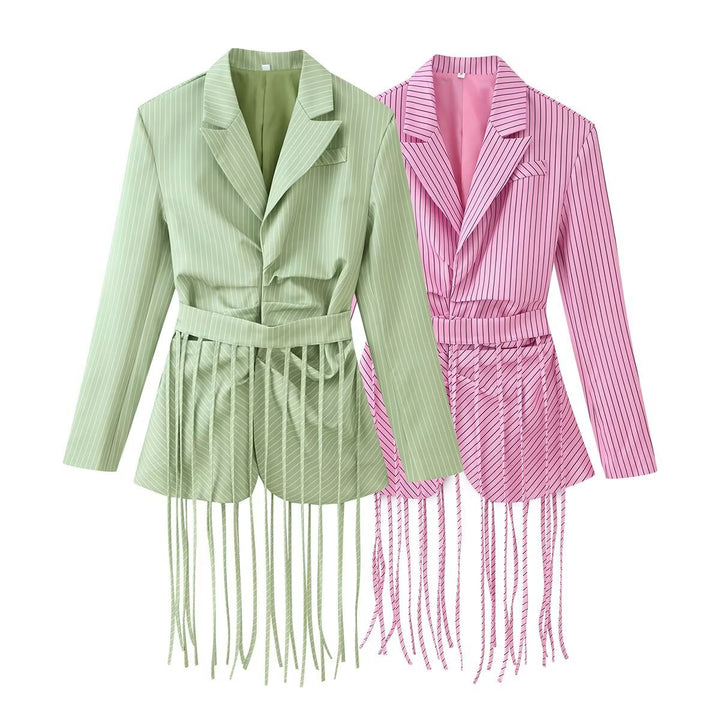 Damen 20+ taillierter Blazer mit Fransen-Detail und Nadelstreifen Echo Archiv