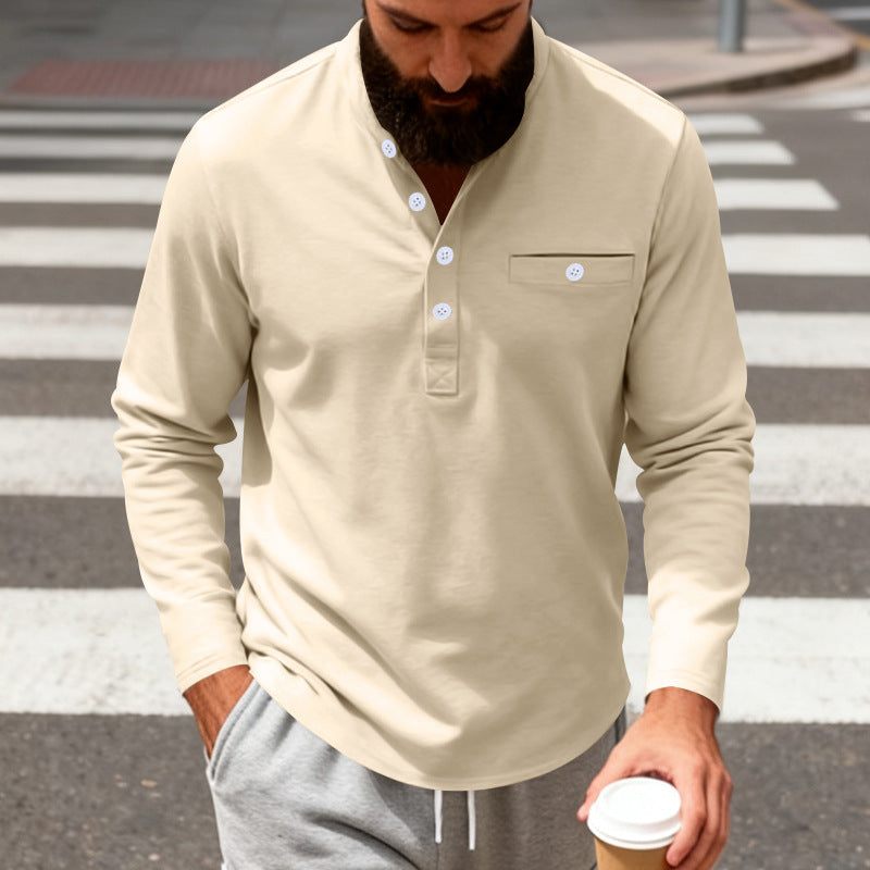 Herren nan langärmeliges Henley-Shirt mit Stehkragen, Brusttasche und dekorativer Knopfleiste Echo Archiv