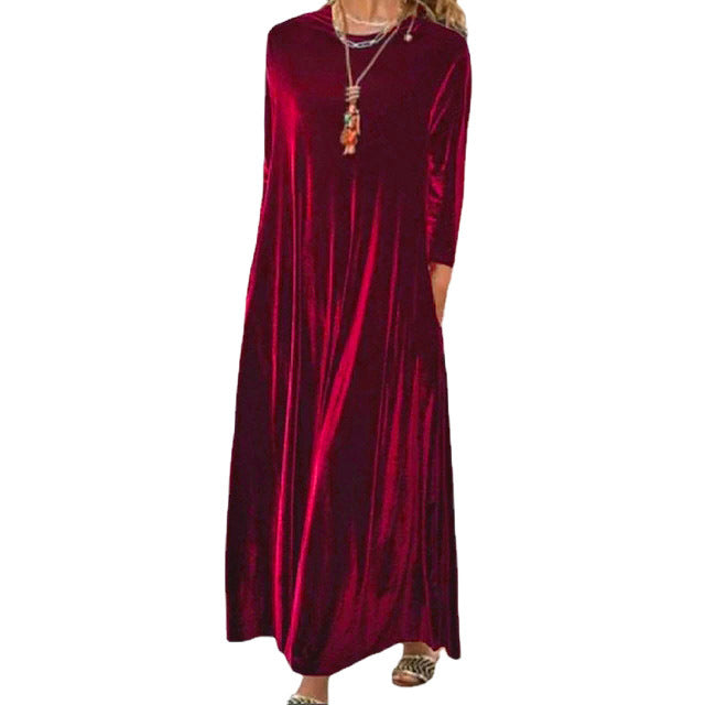 Damen Langes samtiges Maxikleid mit Rundhalsausschnitt, halblangen Ärmeln und seitlichen Taschen – Valéora