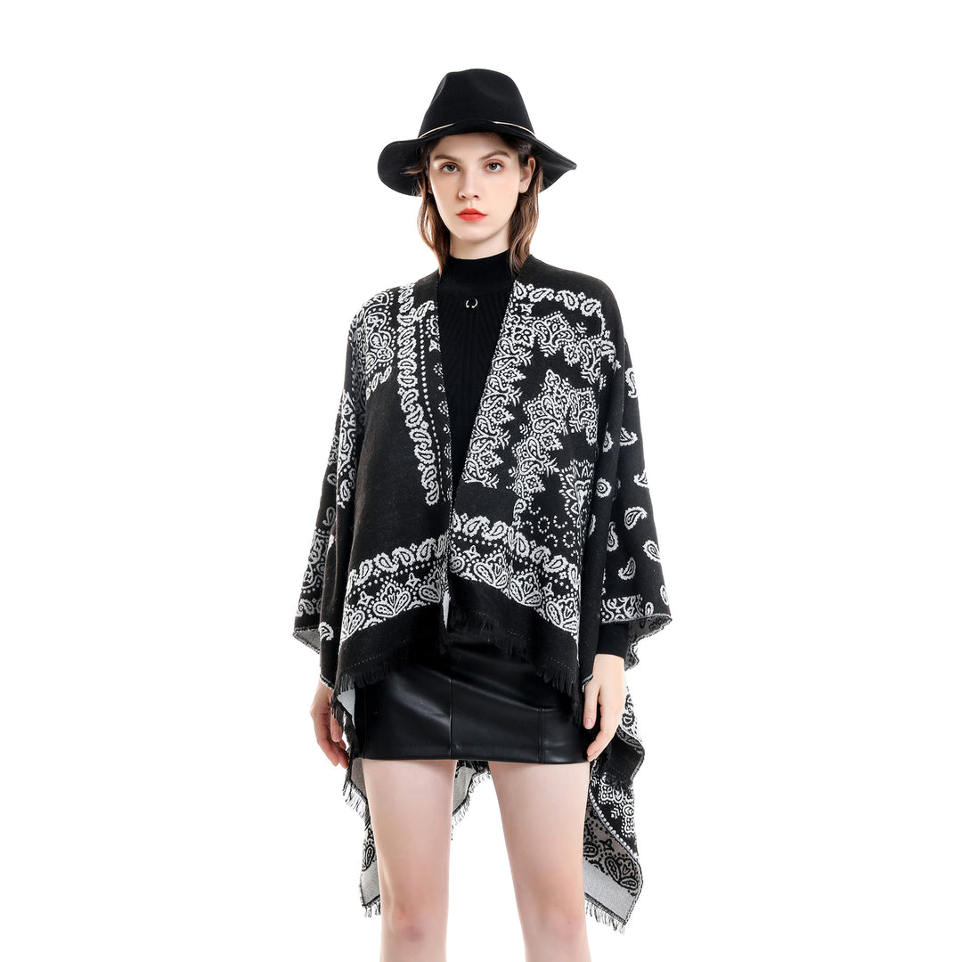 Damen Jacquard-Umhangponcho mit Paisley-Muster und Fransen Echo Archiv