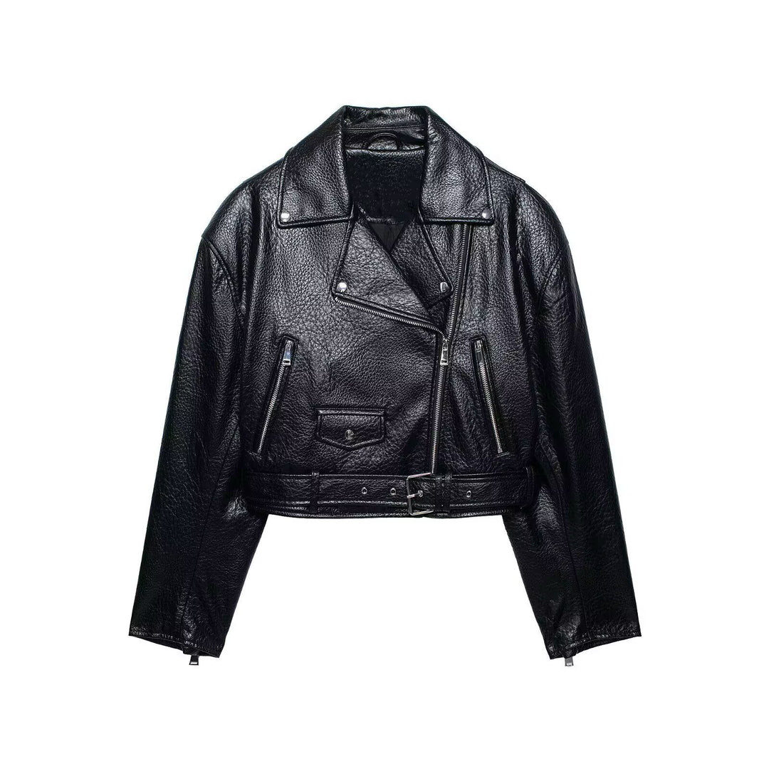Damen Kurz geschnittene Bikerjacke in Lederoptik mit Taillengürtel Echo Archiv