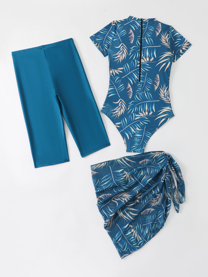 Damen Sportlicher Einteiler Badeanzug mit ergänzenden Leggings und Wickelrock Echo Archiv
