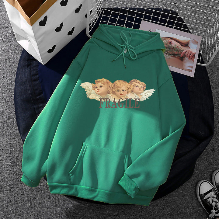 Damen leichter Oversize Kapuzenpullover mit Herz‑EKG‑Motiv, langen Kordeln und elastischem Bund – Auréline