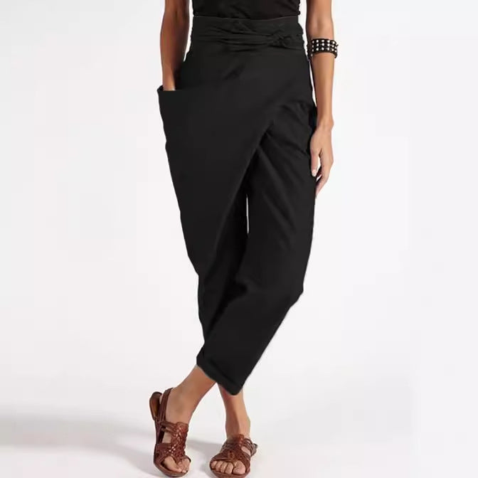Damen nan Wickelhose aus Leinenmix mit hohem Taillenbund, überlappender Vorderseite und großzügiger Eingrifftasche Echo Archiv