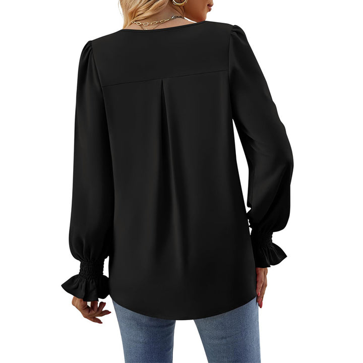 Damen V-Ausschnitt Bluse mit Kellerfalte und gerafften Manschetten – Avérine