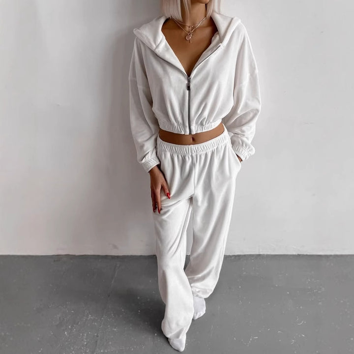 Damen nan Samt-Loungewear-Zweiteiler mit kurzem Frontzip, elastischem Komfortbund und weitem Hosenbein Echo Archiv