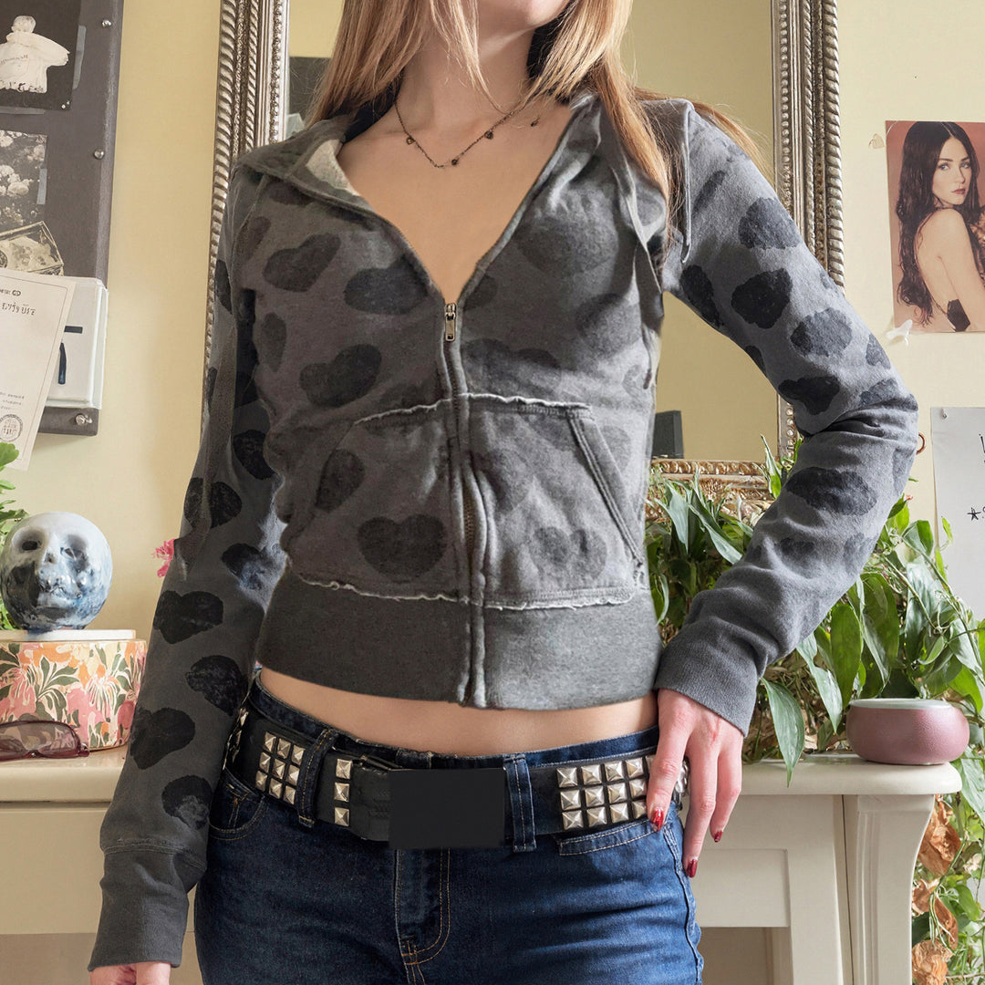 Damen Kurze Kapuzenjacke mit Reißverschluss, Kängurutasche und Allover-Herzmuster – Auréline