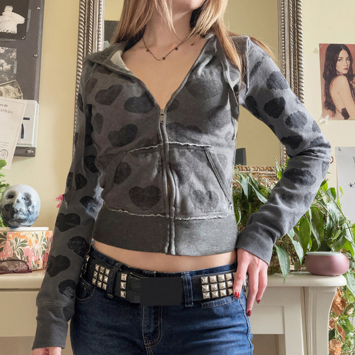 Damen Kurze Kapuzenjacke mit Reißverschluss, Kängurutasche und Allover-Herzmuster – Auréline