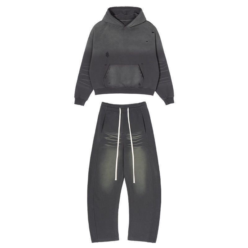 Herren Weites Distressed-Sweatset mit verkürztem Kapuzenpullover und baggy Jogginghose Echo Archiv