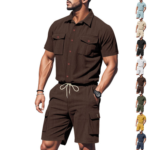 Herren modisches Kurzarm-Hemden- und Cargo-Shorts-Set mit praktischen Taschen und elastischem Bund Echoarchiv