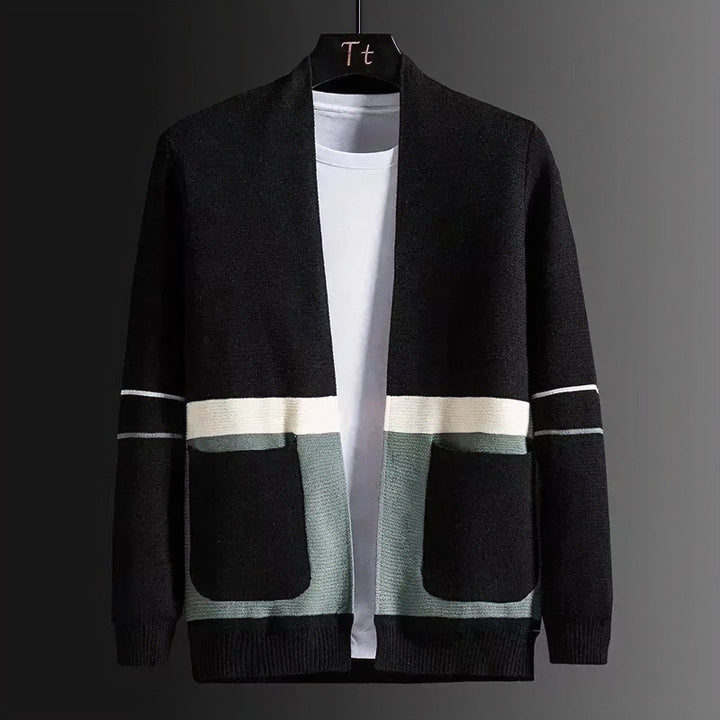 Herren Offene Strickjacke im Colorblock‑Design mit aufgesetzten Taschen und geripptem Saum Echoarchiv