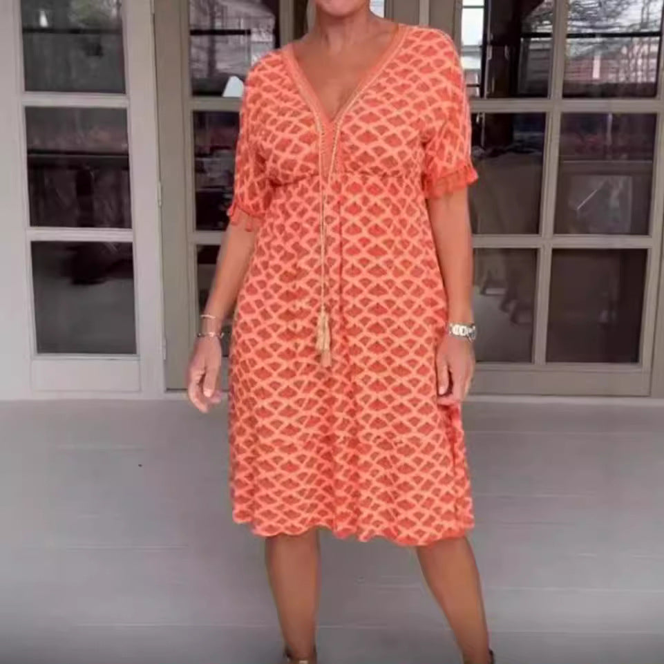 Damen nan lässiges Midikleid im Kaftanstil mit V-Ausschnitt, Quastenband, geraffter Empirenaht und Fransenärmeln Echo Archiv