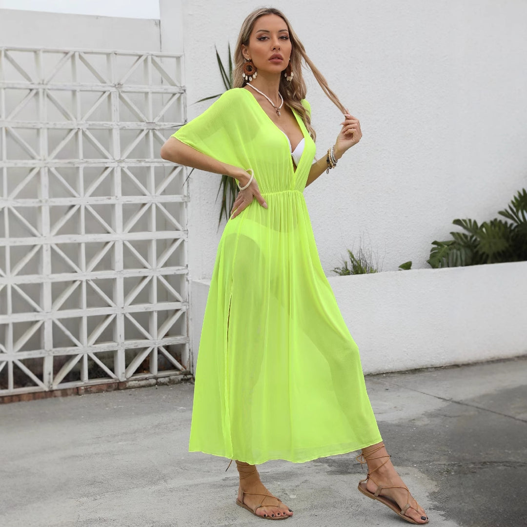 Damen elegantes Maxi-Kleid mit tiefem V-Ausschnitt und fließendem Rock Echo Archiv