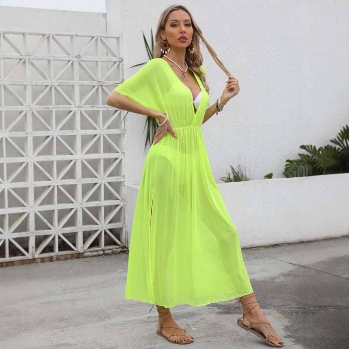 Damen elegantes Maxi-Kleid mit tiefem V-Ausschnitt und fließendem Rock Echo Archiv