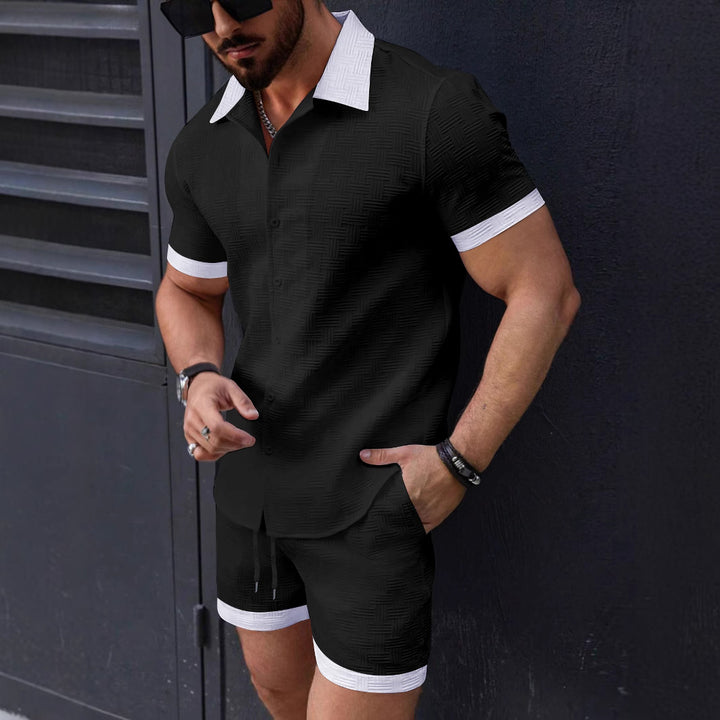 Herren strukturiertes Kurzarmhemd mit Knöpfen und Freizeit-Shorts-Set Echoarchiv
