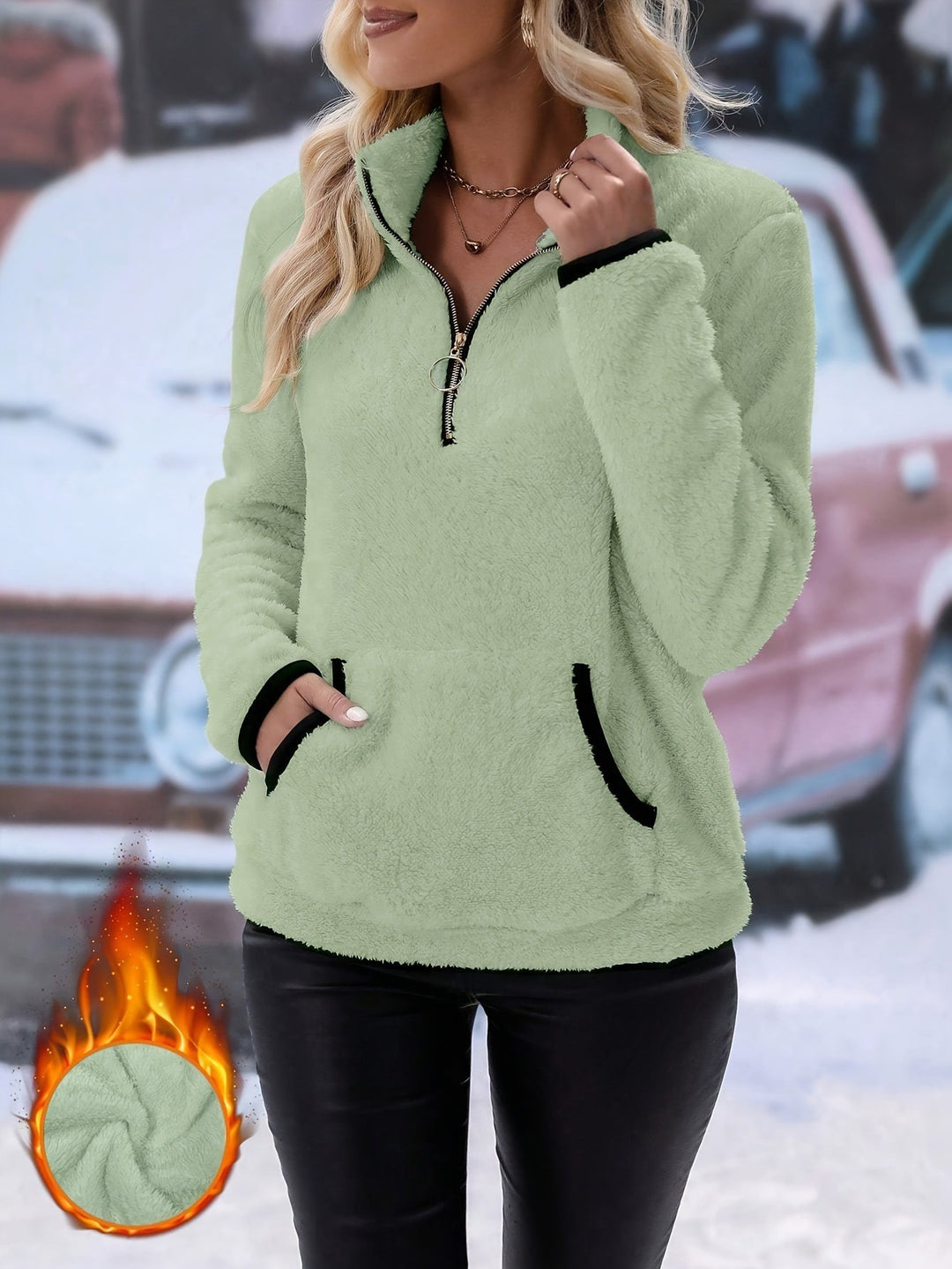 Damen nan kuscheliger Teddy-Fleece Pullover mit halbem Reißverschluss und Kängurutasche Echo Archiv