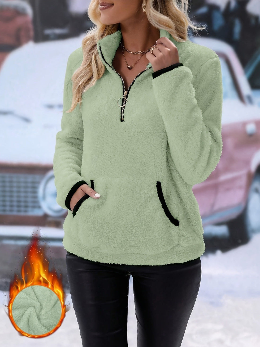 Damen kuscheliger Teddy-Fleece Pullover mit halbem Reißverschluss und Kängurutasche – Auréline