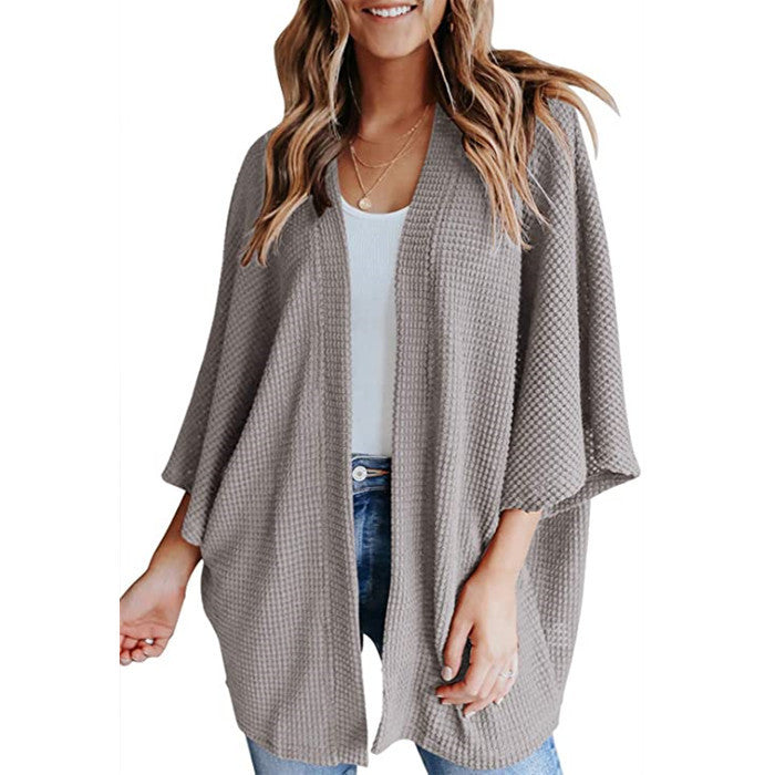 Damen Waffelstrick Offener Kimono-Cardigan mit Fledermausärmeln Echo Archiv