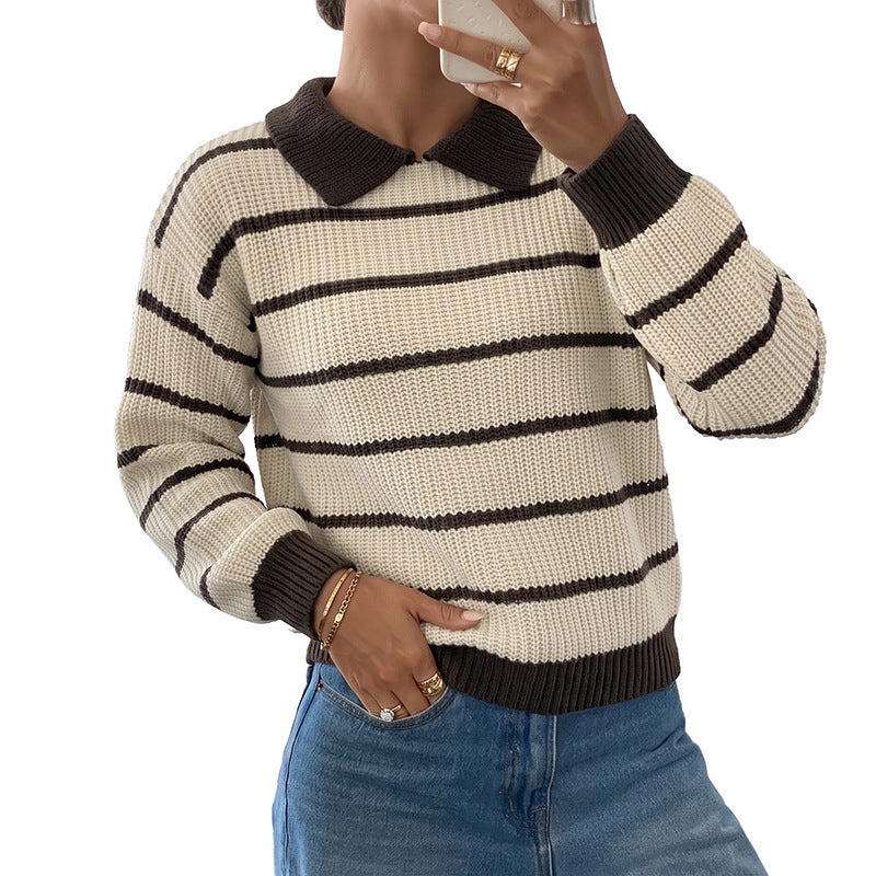 Damen Modischer Strickpullover mit Kragen und Blockstreifen Echo Archiv