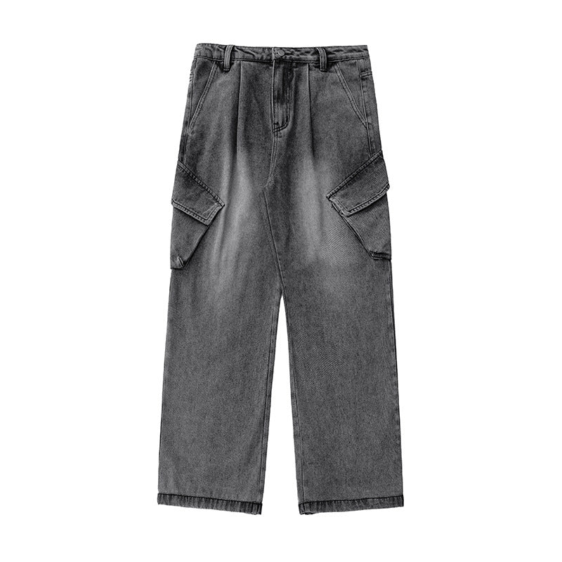 Unisex Hochtaillierte Relaxed-Denim‑Cargohose mit weitem Palazzoschnitt und asymmetrischen Klappentaschen Echo Archiv