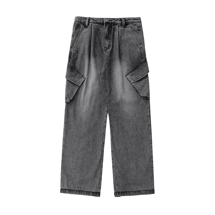 Unisex Hochtaillierte Relaxed-Denim‑Cargohose mit weitem Palazzoschnitt und asymmetrischen Klappentaschen Echo Archiv