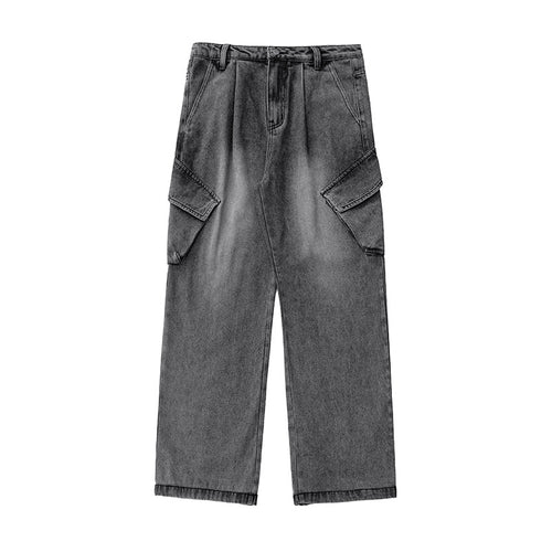 Unisex Hochtaillierte Relaxed-Denim‑Cargohose mit weitem Palazzoschnitt und asymmetrischen Klappentaschen Echo Archiv