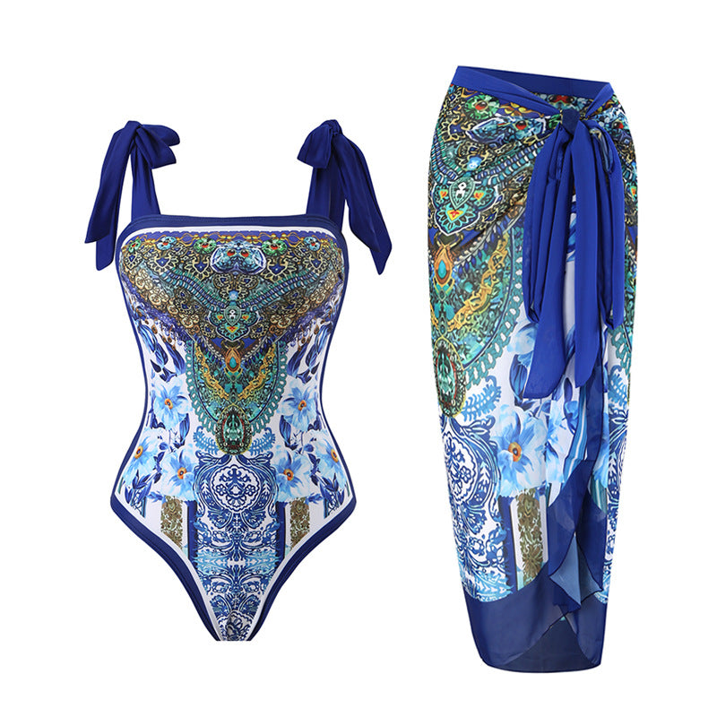 Damen Wickelrock mit elegantem Aquarell-Muster und Bindegürtel Echo Archiv