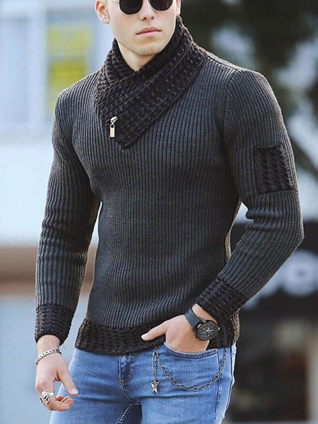Herren Pullover mit modernem asymmetrischem Kragen und strukturiertem Design Echoarchiv