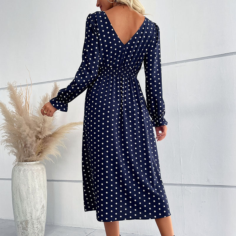 Damen Gepunktetes Midikleid mit geraffter Taille und Ballonärmeln Echoarchiv