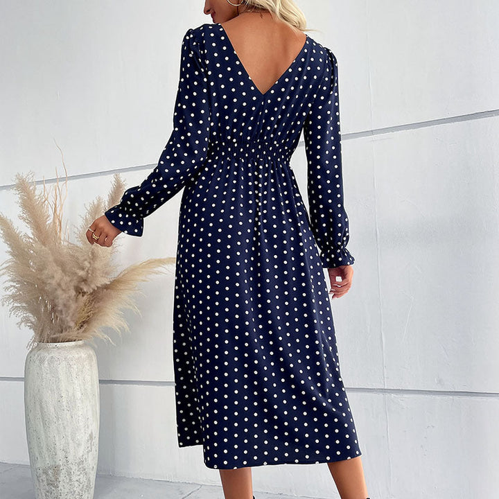 Damen Gepunktetes Midikleid mit geraffter Taille und Ballonärmeln Echoarchiv