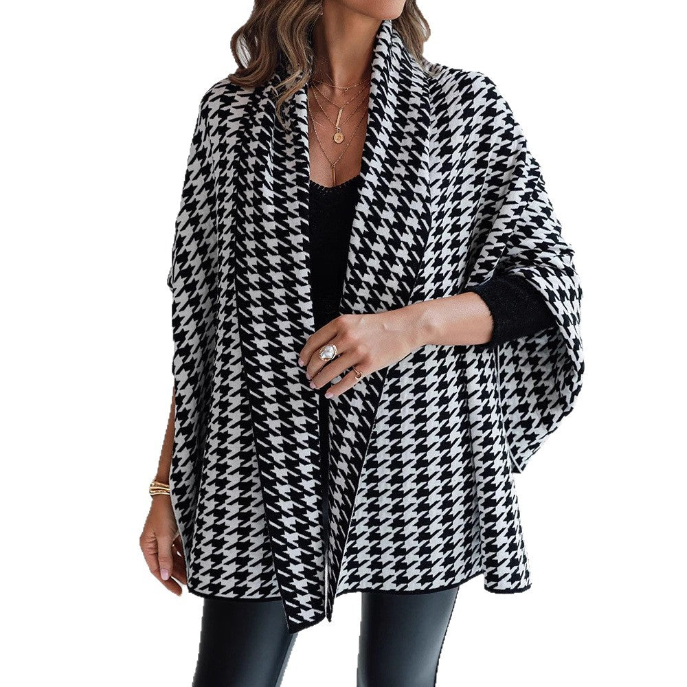 Damen Oversized Poncho mit Hahnentritt-Muster und offenem Schalkragen – Célinea