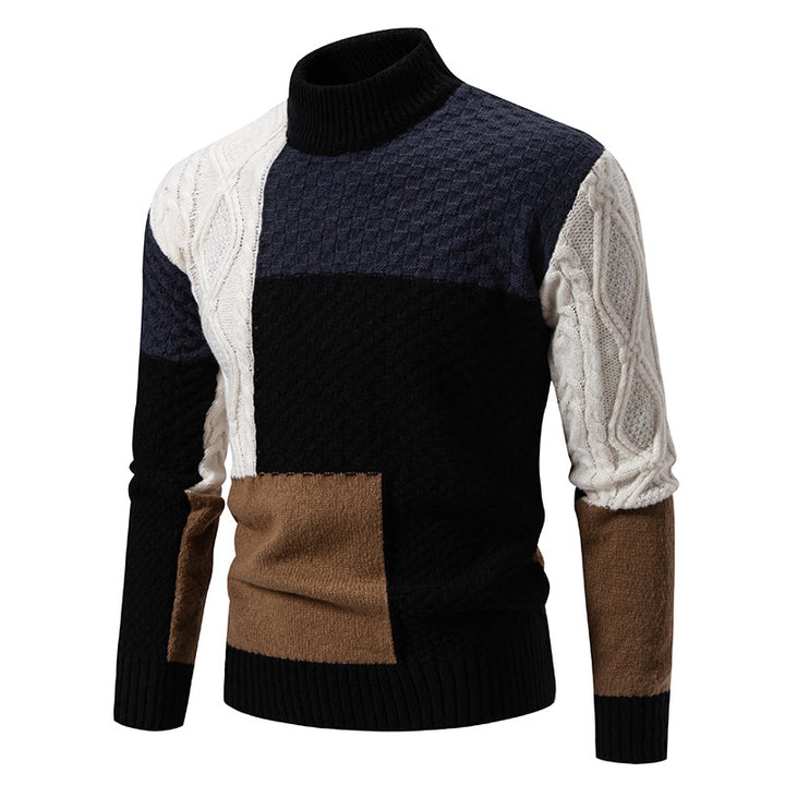 Herren nan strukturierter Patchwork-Strickpullover mit hohem Stehkragen und kombinierten Strickmustern Echo Archiv