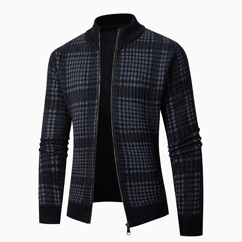 Herren Feinstrick-Zipcardigan mit Glencheck‑Muster, Stehkragen und Zwei‑Wege‑Reißverschluss Echo Archiv