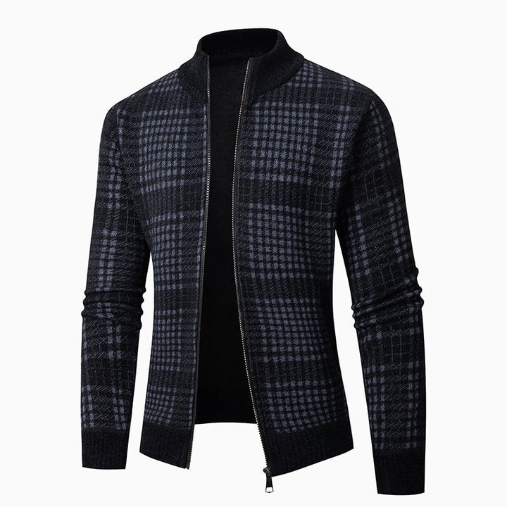 Herren Feinstrick-Zipcardigan mit Glencheck‑Muster, Stehkragen und Zwei‑Wege‑Reißverschluss Echo Archiv