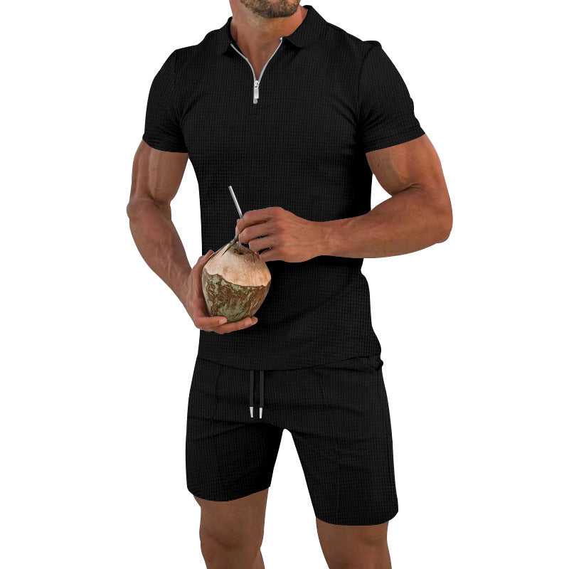 Herren lässiges Kurzarm-Set mit strukturiertem Polo und modischen Shorts Echoarchiv