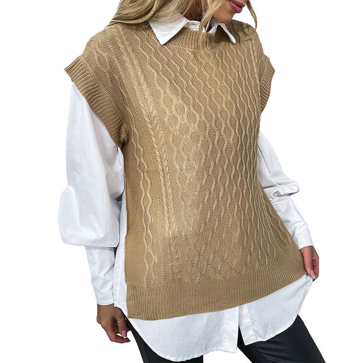Damen Oversize Strickweste mit Zopfmuster und Rundhalsausschnitt Echoarchiv