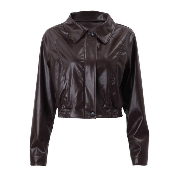 Damen Kurz geschnittene PU-Jacke im Blouson-Stil mit Hemdkragen und tailliertem Gummibund – Célinea