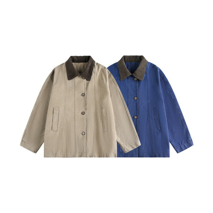 Unisex Kurz geschnittener Boxy-Jeansblouson mit Cordkragen und tonalen Ziernähten Echoarchiv