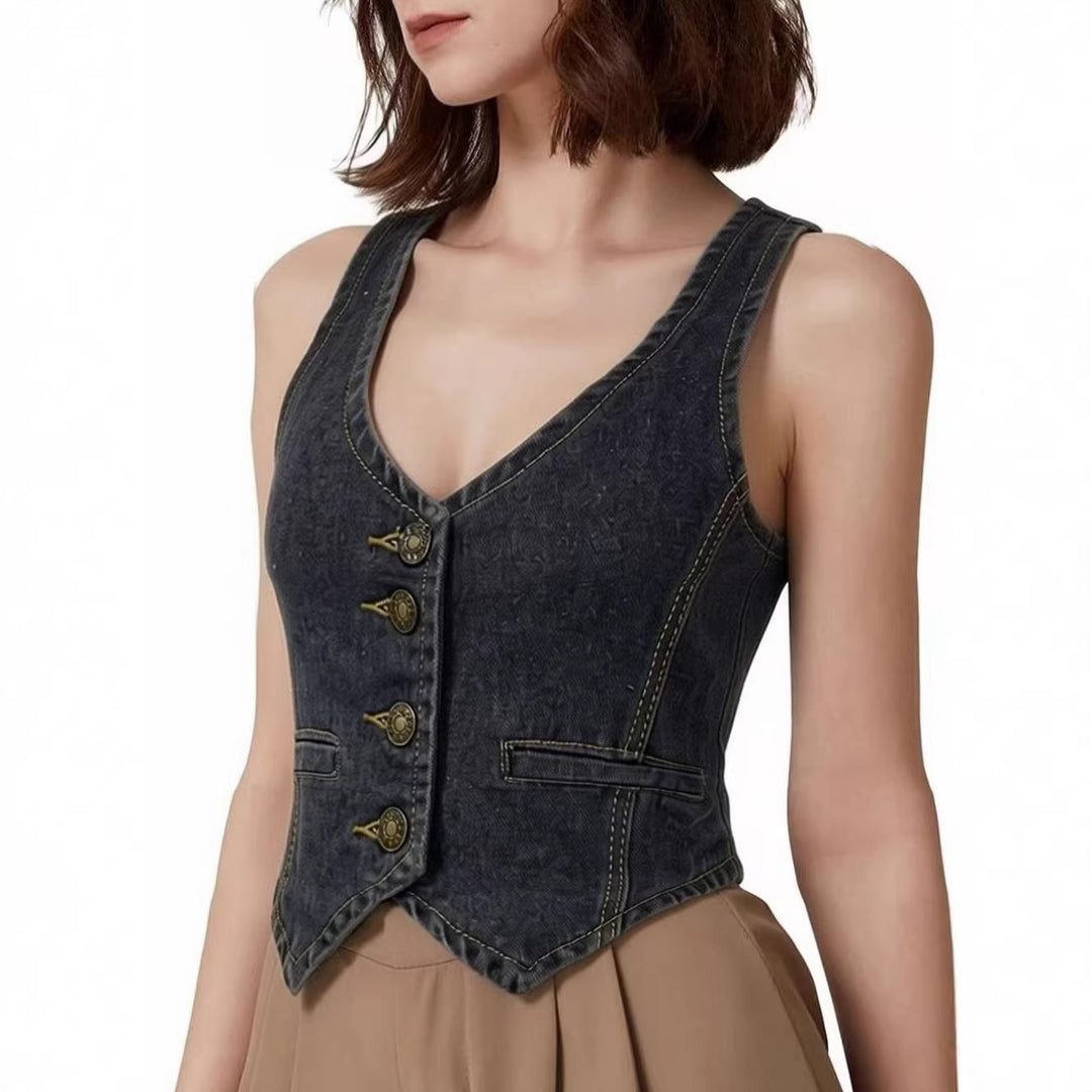 Damen Denim Bustier-Top mit Knopfdetails und verlängerter Silhouette Echo Archiv