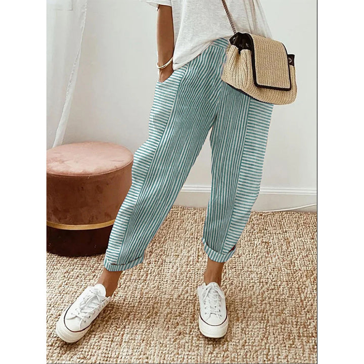 Damen Freizeit Leinenlook Hose mit Streifen, elastischem Bund und Saumabschluss – Avélisse