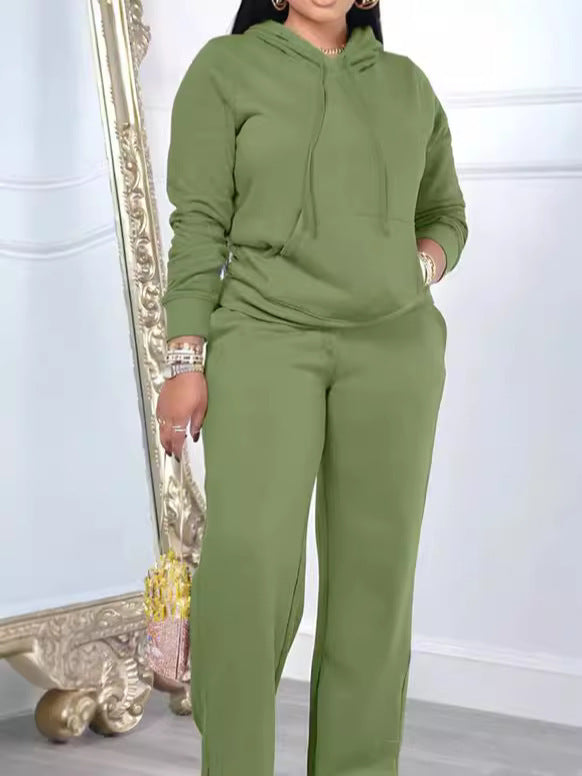 Damen Relax-Loungewear-Set mit weitem Highwaist-Palazzo-Jogger, Kapuzenpullover mit Kängurutasche und seitlichem Saumschlitz – Avérine