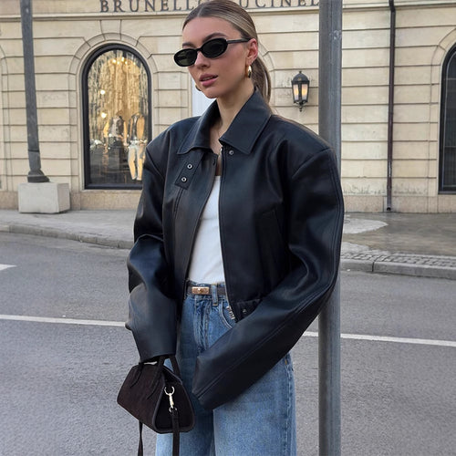 Damen Kurzgeschnittene Oversize-Lederjacke mit Hemdkragen, Cropped‑Silhouette und extraweiten Ärmeln Echoarchiv