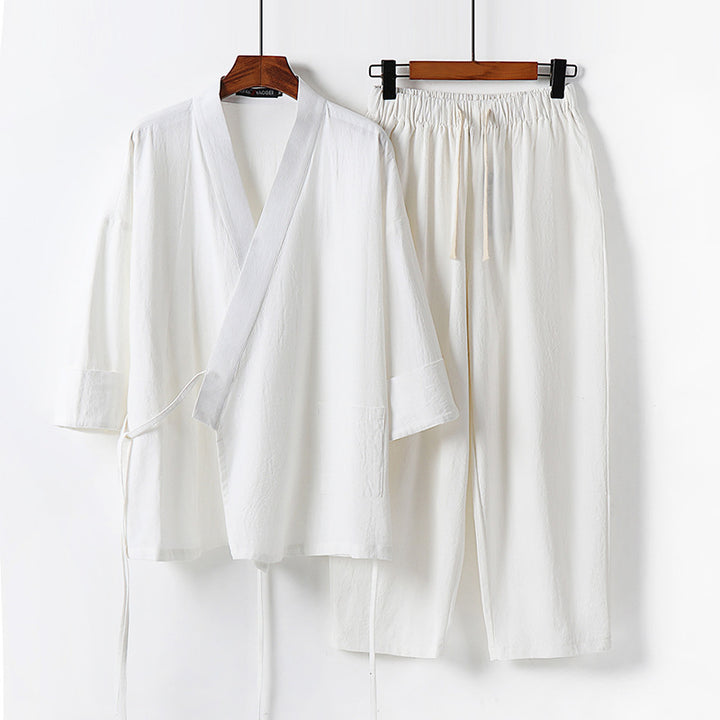 Unisex Leichtes Kimono-Lounge-Set aus weichfallendem Baumwoll-Mix mit Tunnelzughose Echoarchiv