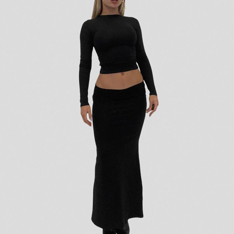 Damen Zweiteiliges Midriff-Set aus Stretchjersey mit V-Ausschnitt Crop-Top und taillenbetontem Maxi-Rock – Élanora