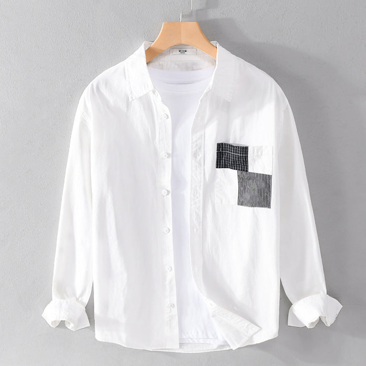 Herren Leichtes Baumwoll-Oversizehemd mit geometrischer Brustpatch-Tasche Echoarchiv