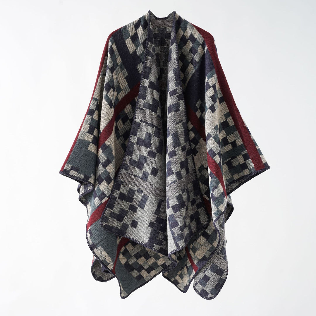 Damen Kastiger Webponcho mit grafischem Jacquard und Kettelkante Echo Archiv